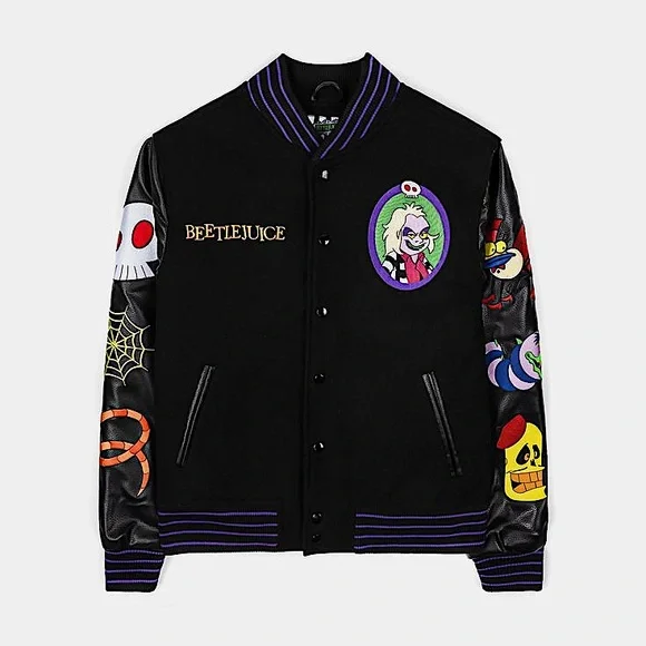Beetlejuice Halloween Horror Haunted House Mens Varsity Embroidered Patch Jacket - Picture 4 of 11